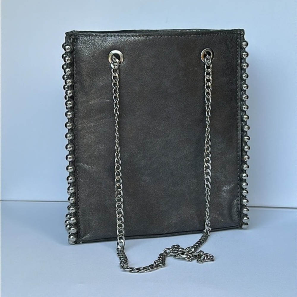 ZARA WOMENS VEGAN GREY LEATHER SILVER CHAIN STUDDED PURSE SIZE 9.8H 8.2W NWOT